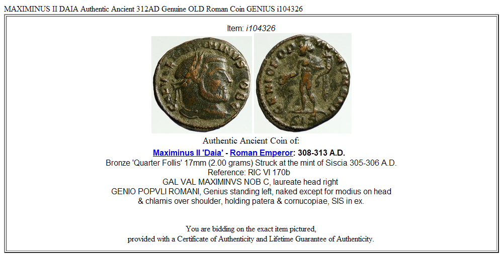 MAXIMINUS II DAIA Authentic Ancient 312AD Genuine OLD Roman Coin GENIUS i104326