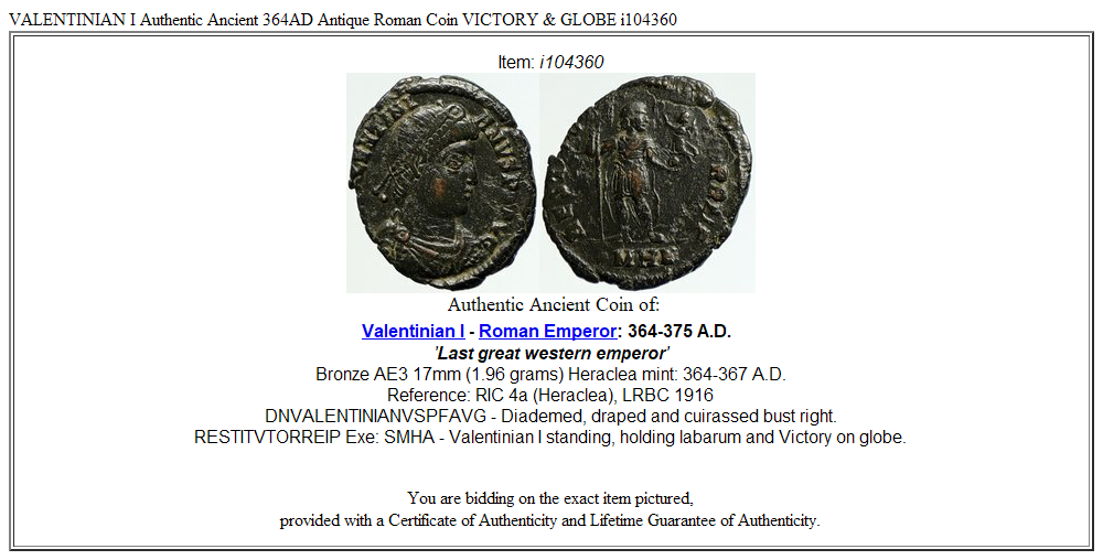 VALENTINIAN I Authentic Ancient 364AD Antique Roman Coin VICTORY & GLOBE i104360