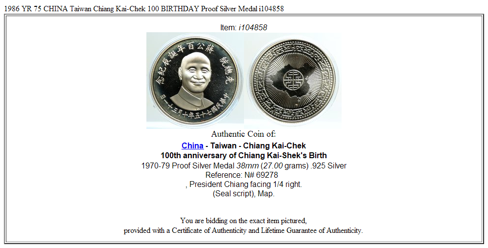 1986 YR 75 CHINA Taiwan Chiang Kai-Chek 100 BIRTHDAY Proof Silver Medal i104858