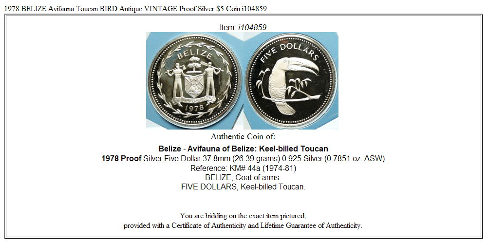 1978 BELIZE Avifauna Toucan BIRD Antique VINTAGE Proof Silver $5 Coin i104859