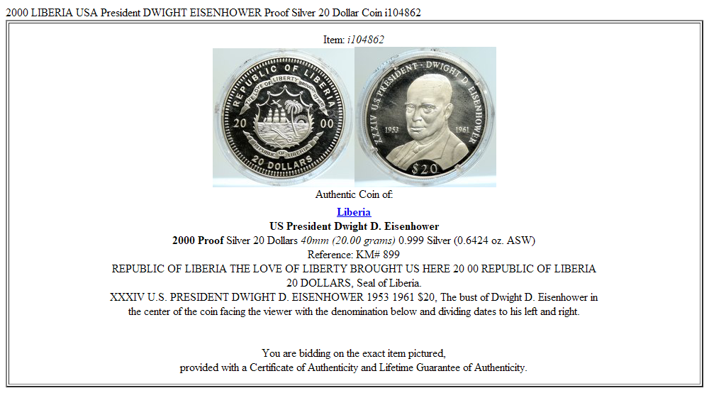 2000 LIBERIA USA President DWIGHT EISENHOWER Proof Silver 20 Dollar Coin i104862