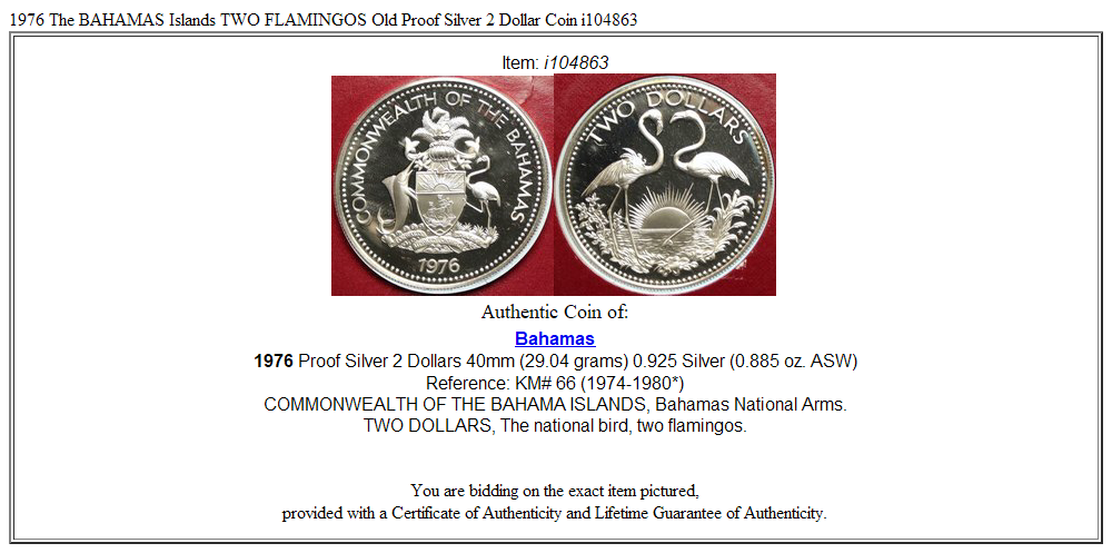 1976 The BAHAMAS Islands TWO FLAMINGOS Old Proof Silver 2 Dollar Coin i104863