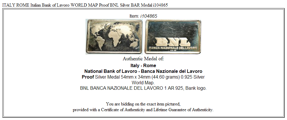 ITALY ROME Italian Bank of Lavoro WORLD MAP Proof BNL Silver BAR Medal i104865