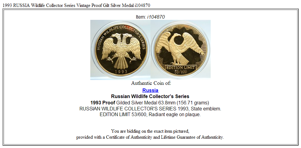 1993 RUSSIA Wildlife Collector Series Vintage Proof Gilt Silver Medal i104870