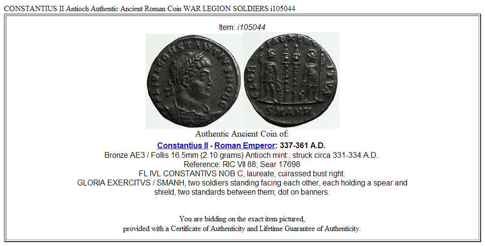 CONSTANTIUS II Antioch Authentic Ancient Roman Coin WAR LEGION SOLDIERS i105044