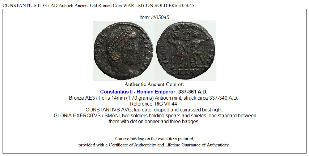 CONSTANTIUS II 337 AD Antioch Ancient Old Roman Coin WAR LEGION SOLDIERS i105045