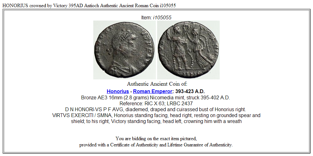 HONORIUS crowned by Victory 395AD Antioch Authentic Ancient Roman Coin i105055