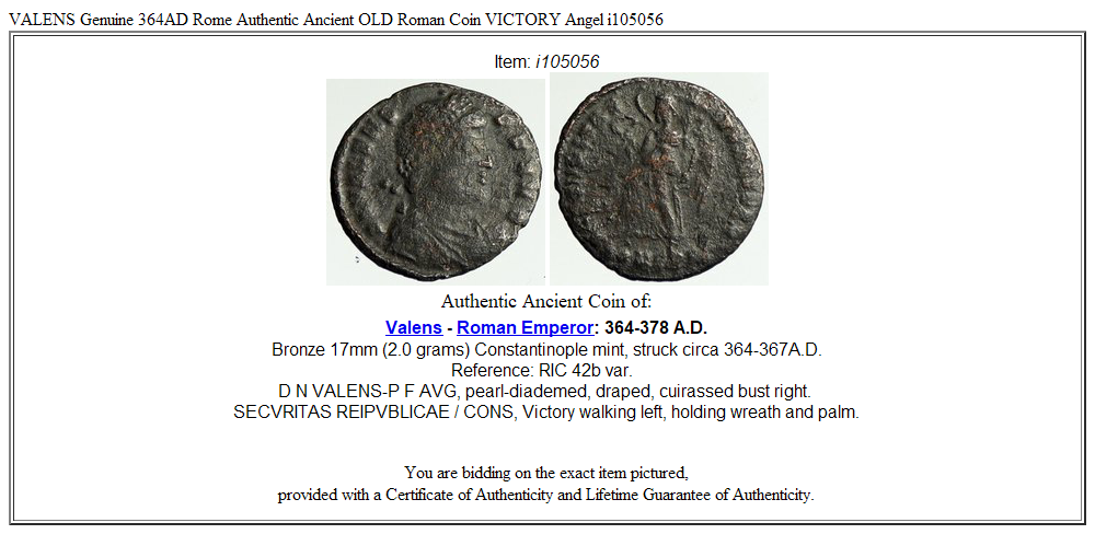 VALENS Genuine 364AD Rome Authentic Ancient OLD Roman Coin VICTORY Angel i105056