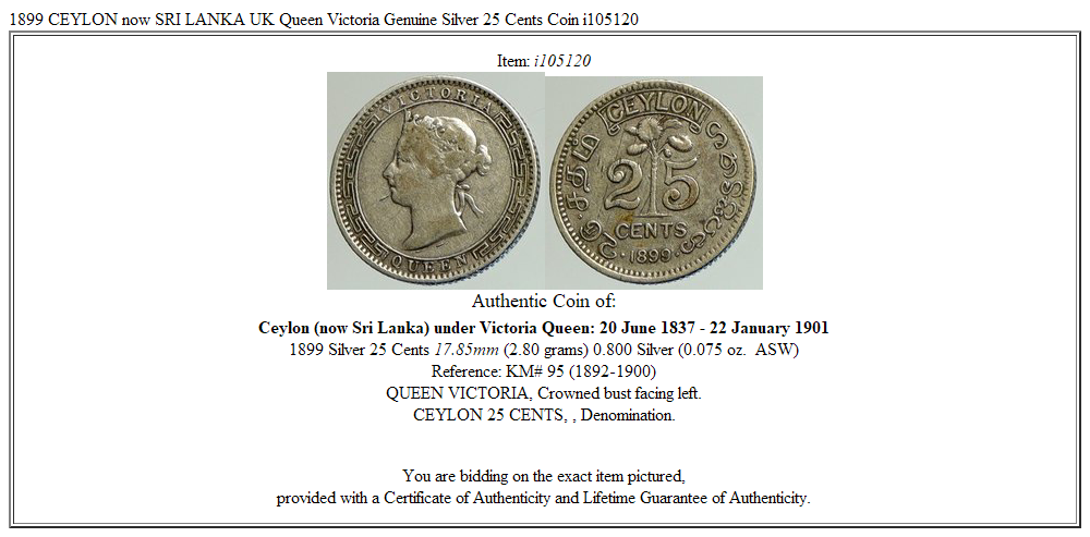 1899 CEYLON now SRI LANKA UK Queen Victoria Genuine Silver 25 Cents Coin i105120