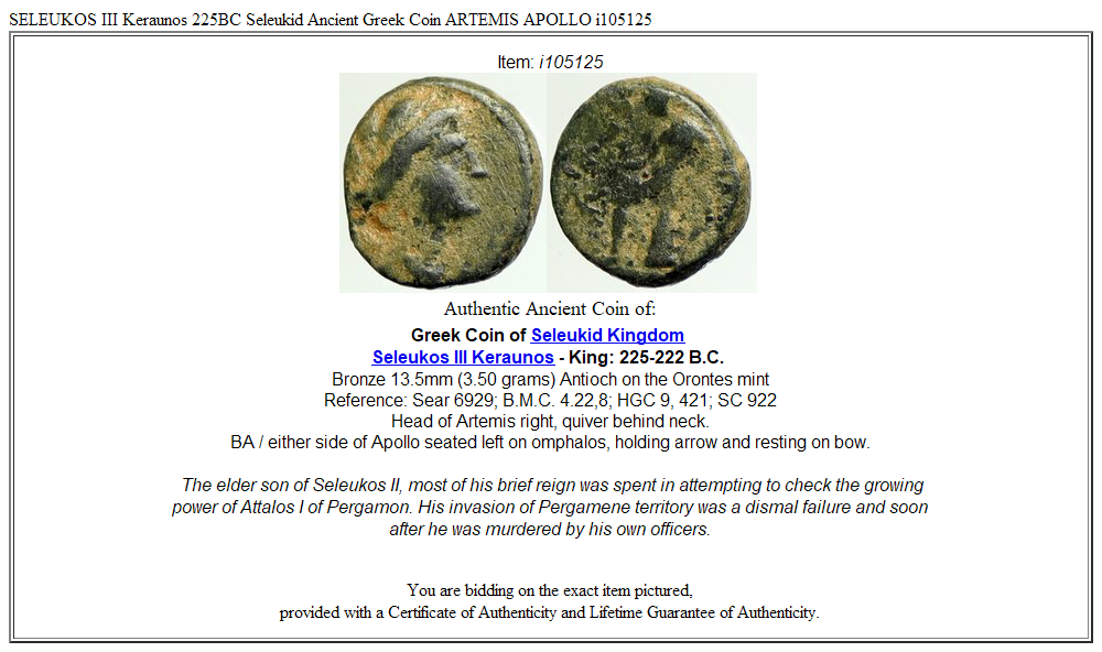 SELEUKOS III Keraunos 225BC Seleukid Ancient Greek Coin ARTEMIS APOLLO i105125