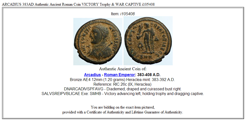 ARCADIUS 383AD Authentic Ancient Roman Coin VICTORY Trophy & WAR CAPTIVE i105408