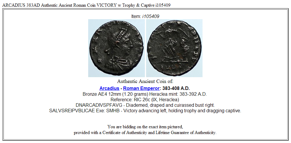 ARCADIUS 383AD Authentic Ancient Roman Coin VICTORY w Trophy & Captive i105409