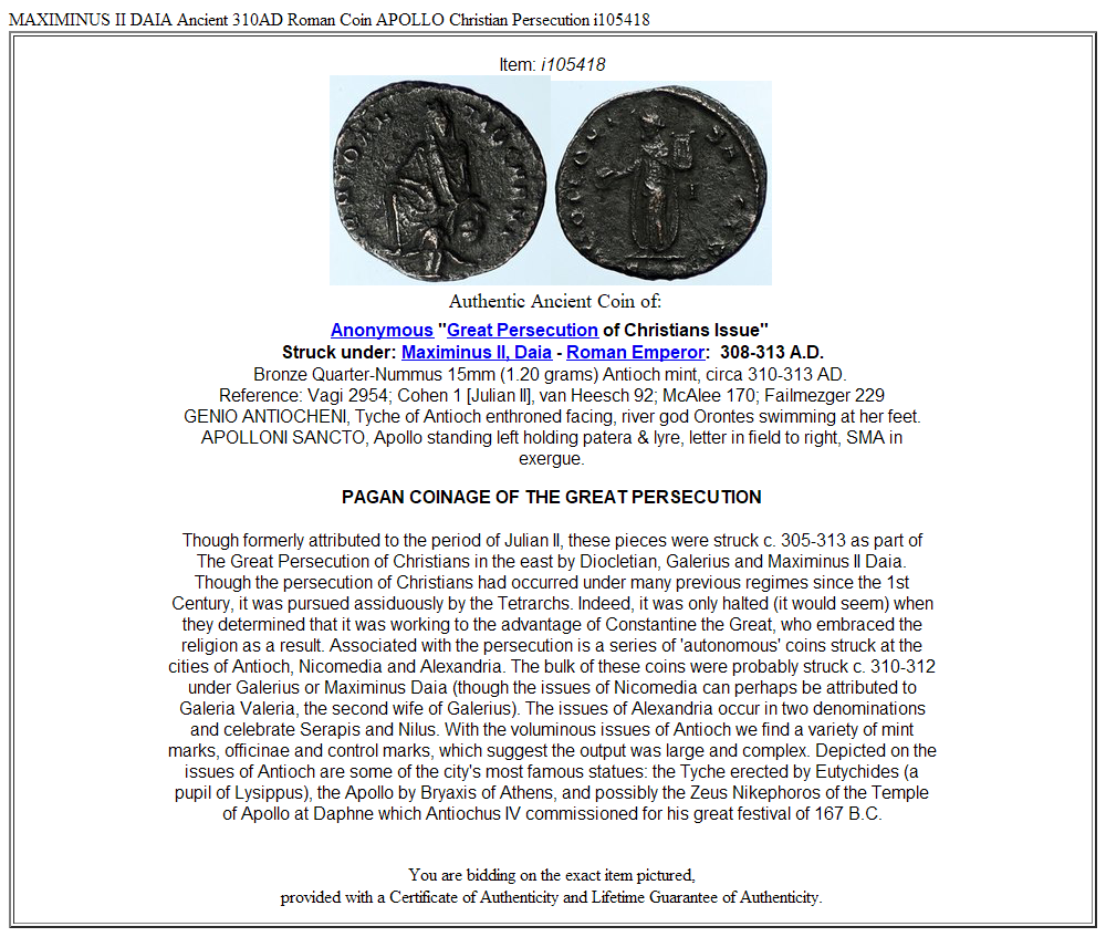 MAXIMINUS II DAIA Ancient 310AD Roman Coin APOLLO Christian Persecution i105418