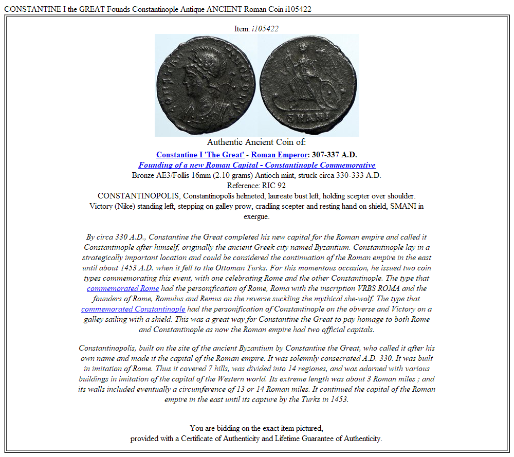 CONSTANTINE I the GREAT Founds Constantinople Antique ANCIENT Roman Coin i105422