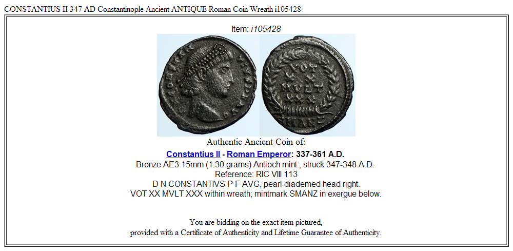 CONSTANTIUS II 347 AD Constantinople Ancient ANTIQUE Roman Coin Wreath i105428