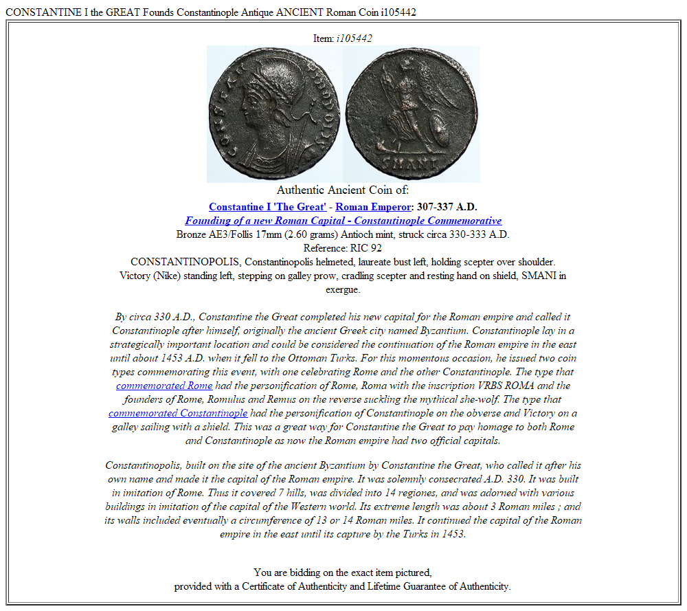 CONSTANTINE I the GREAT Founds Constantinople Antique ANCIENT Roman Coin i105442