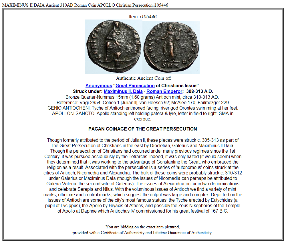 MAXIMINUS II DAIA Ancient 310AD Roman Coin APOLLO Christian Persecution i105446