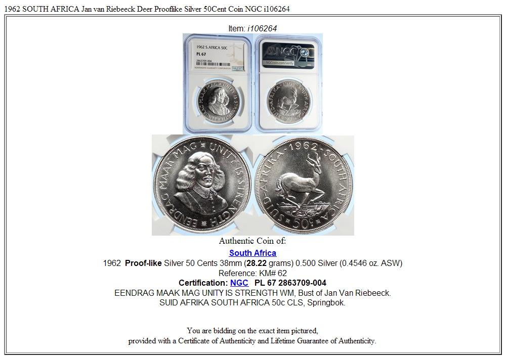 1962 SOUTH AFRICA Jan van Riebeeck Deer Prooflike Silver 50Cent Coin NGC i106264