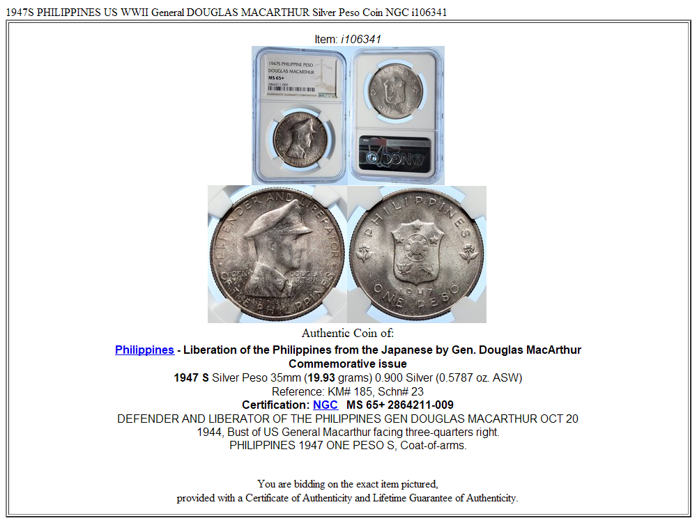 1947S PHILIPPINES US WWII General DOUGLAS MACARTHUR Silver Peso Coin NGC i106341