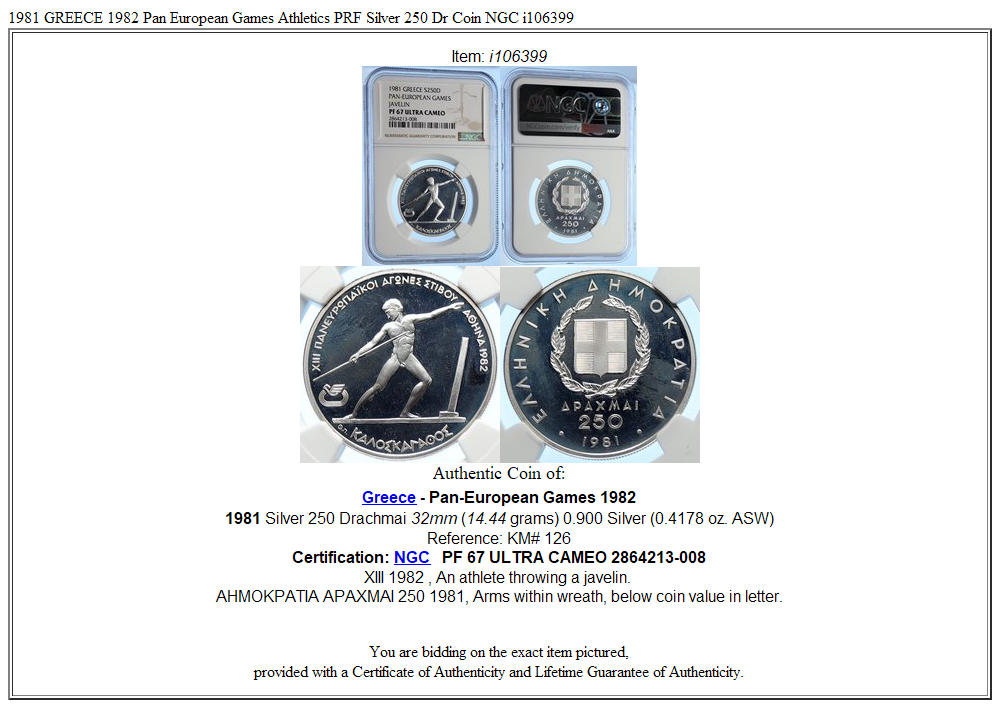1981 GREECE 1982 Pan European Games Athletics PRF Silver 250 Dr Coin NGC i106399