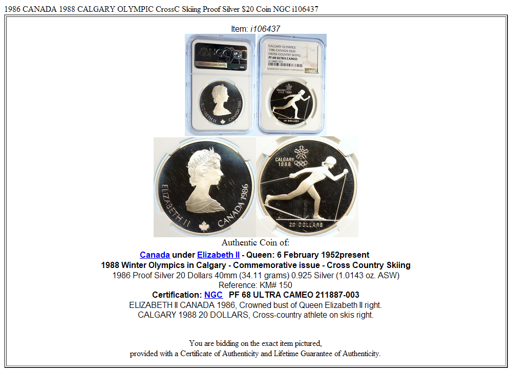 1986 CANADA 1988 CALGARY OLYMPIC CrossC Skiing Proof Silver $20 Coin NGC i106437