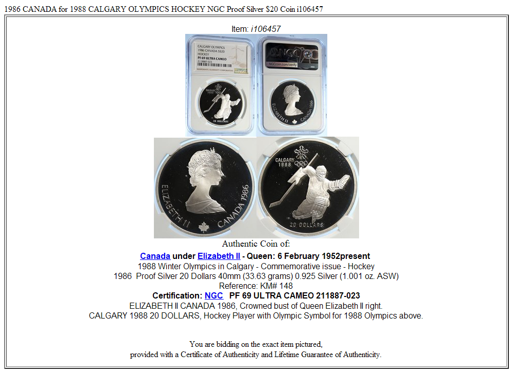 1986 CANADA for 1988 CALGARY OLYMPICS HOCKEY NGC Proof Silver $20 Coin i106457