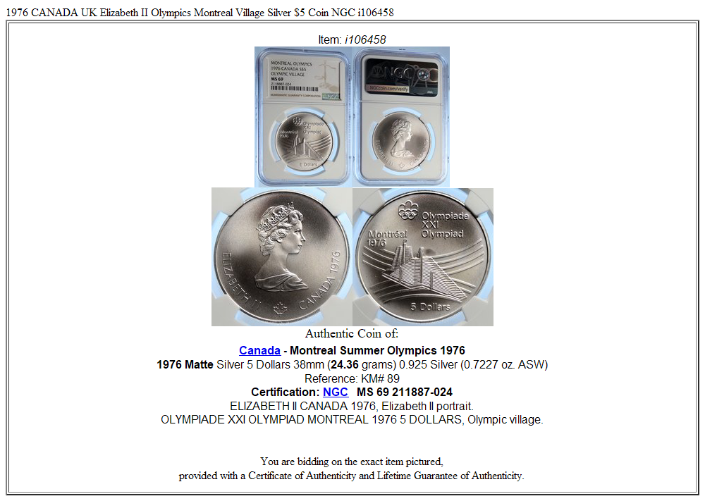 1976 CANADA UK Elizabeth II Olympics Montreal Village Silver $5 Coin NGC i106458