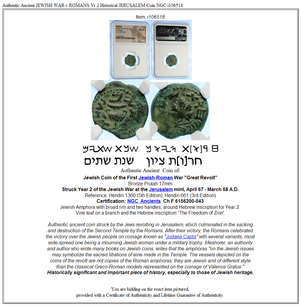 Authentic Ancient JEWISH WAR v ROMANS Yr 2 Historical JERUSALEM Coin NGC i106518