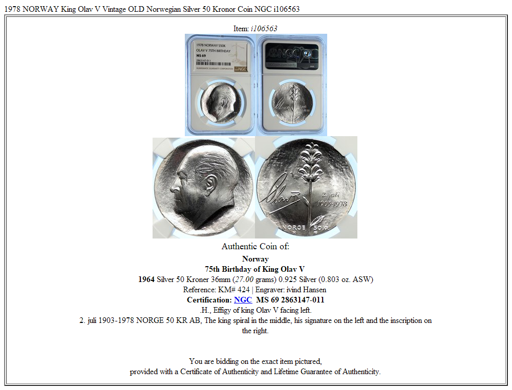 1978 NORWAY King Olav V Vintage OLD Norwegian Silver 50 Kronor Coin NGC i106563