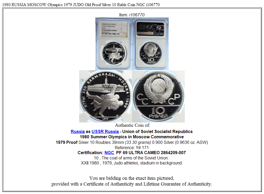 1980 RUSSIA MOSCOW Olympics 1979 JUDO Old Proof Silver 10 Ruble Coin NGC i106770