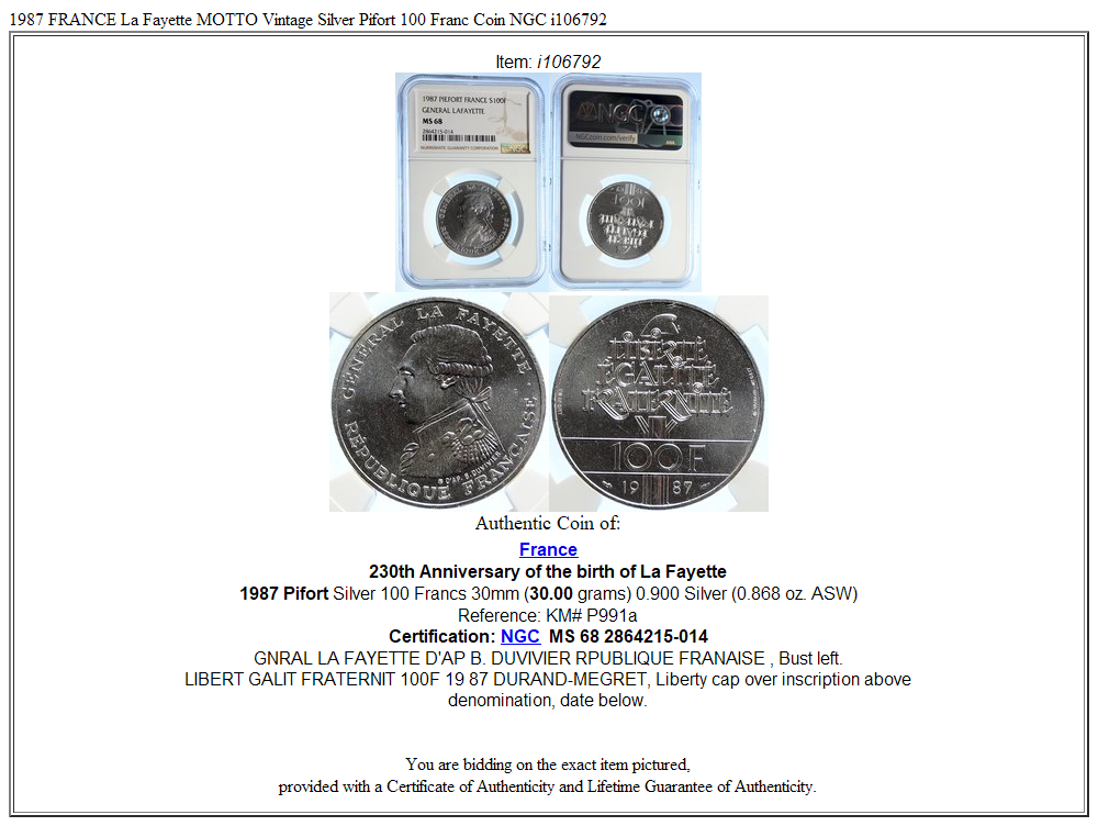 1987 FRANCE La Fayette MOTTO Vintage Silver Piéfort 100 Franc Coin NGC i106792