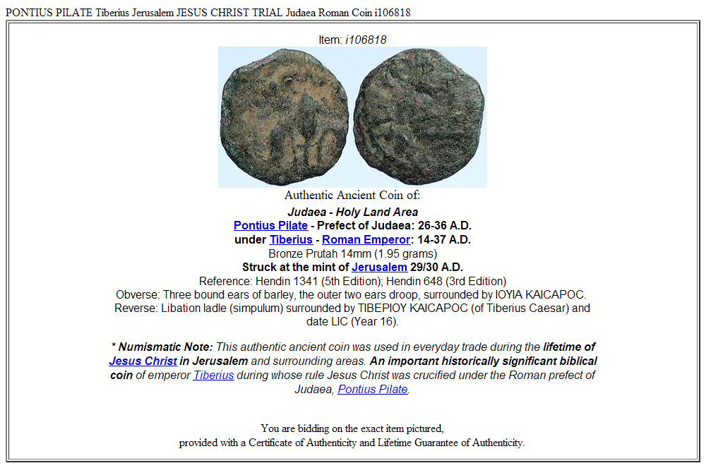 PONTIUS PILATE Tiberius Jerusalem JESUS CHRIST TRIAL Judaea Roman Coin i106818