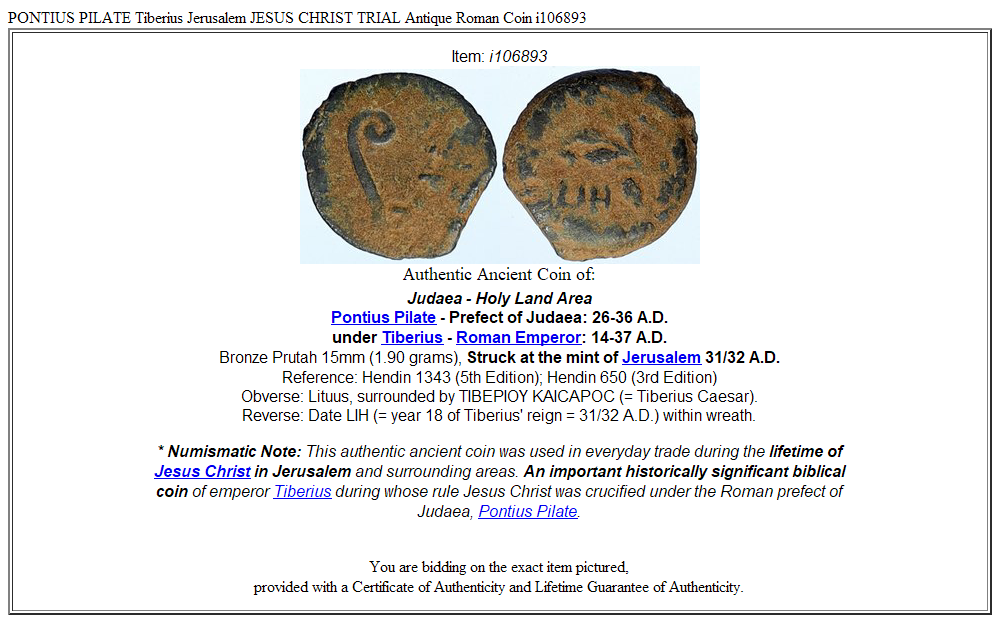 PONTIUS PILATE Tiberius Jerusalem JESUS CHRIST TRIAL Antique Roman Coin i106893