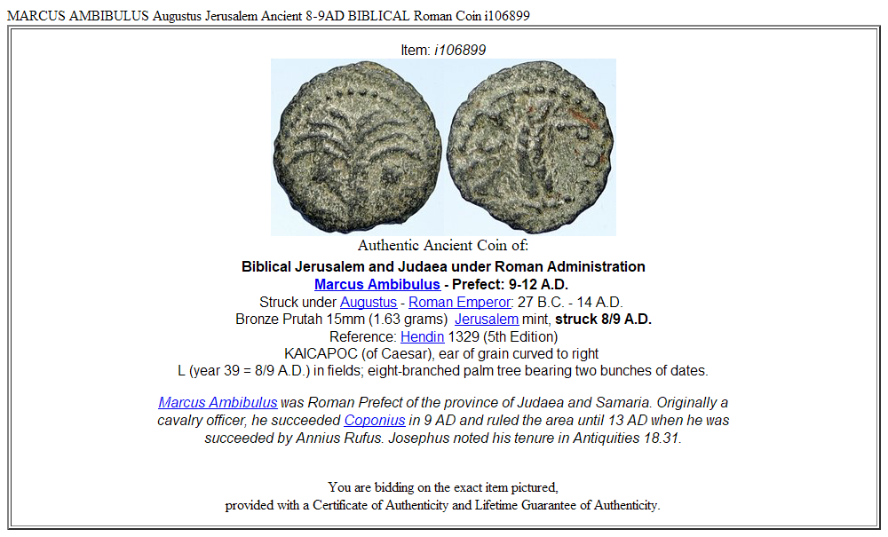 MARCUS AMBIBULUS Augustus Jerusalem Ancient 8-9AD BIBLICAL Roman Coin i106899