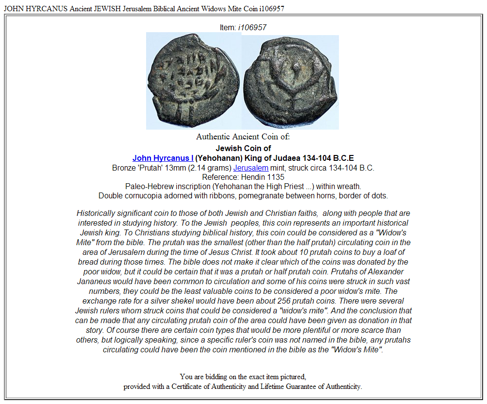JOHN HYRCANUS Ancient JEWISH Jerusalem Biblical Ancient Widows Mite Coin i106957