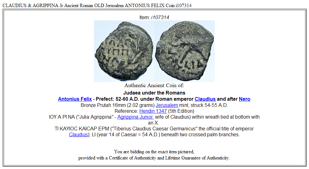 CLAUDIUS & AGRIPPINA Jr Ancient Roman OLD Jerusalem ANTONIUS FELIX Coin i107314