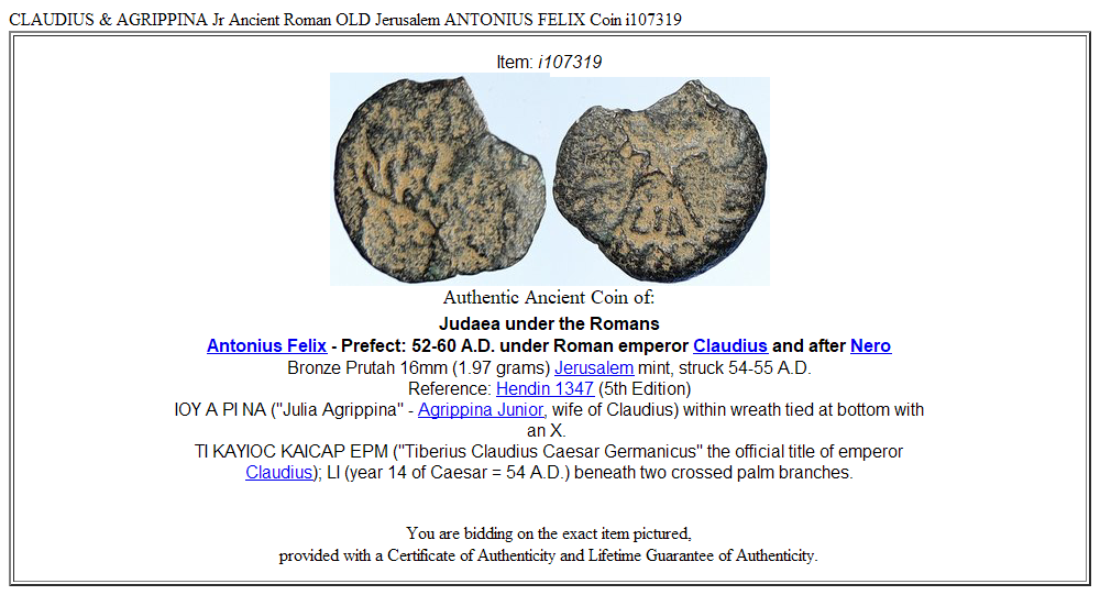 CLAUDIUS & AGRIPPINA Jr Ancient Roman OLD Jerusalem ANTONIUS FELIX Coin i107319