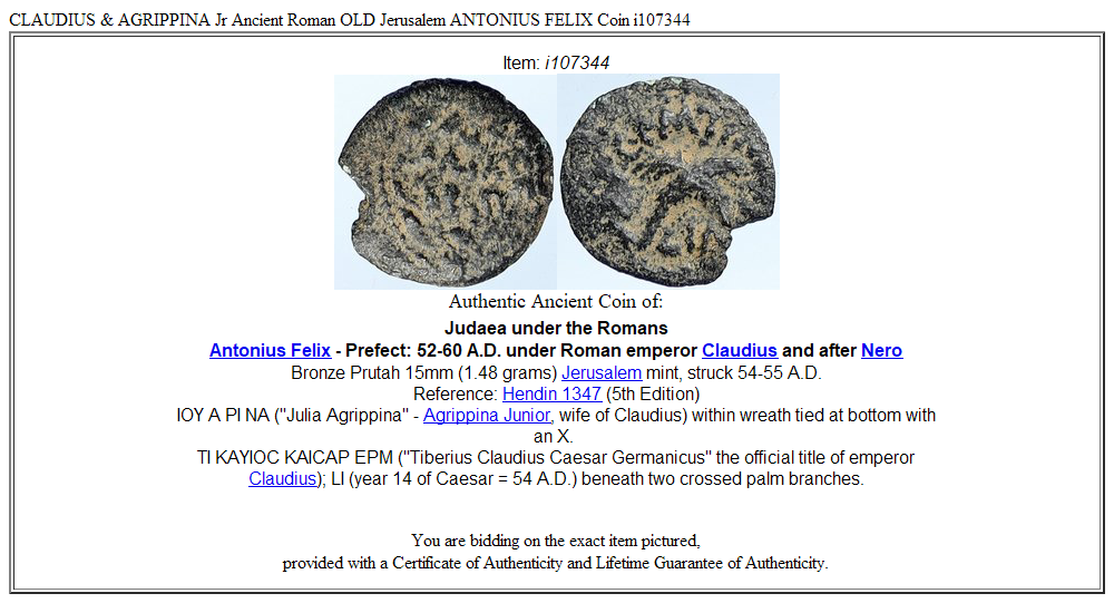 CLAUDIUS & AGRIPPINA Jr Ancient Roman OLD Jerusalem ANTONIUS FELIX Coin i107344