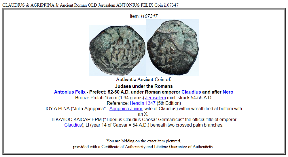 CLAUDIUS & AGRIPPINA Jr Ancient Roman OLD Jerusalem ANTONIUS FELIX Coin i107347