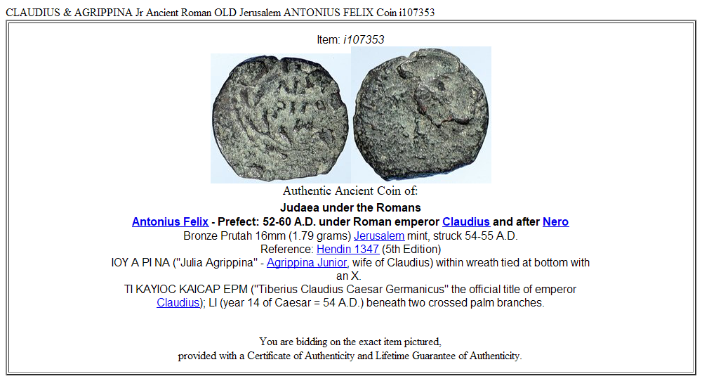 CLAUDIUS & AGRIPPINA Jr Ancient Roman OLD Jerusalem ANTONIUS FELIX Coin i107353