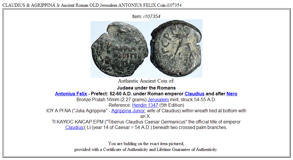 CLAUDIUS & AGRIPPINA Jr Ancient Roman OLD Jerusalem ANTONIUS FELIX Coin i107354