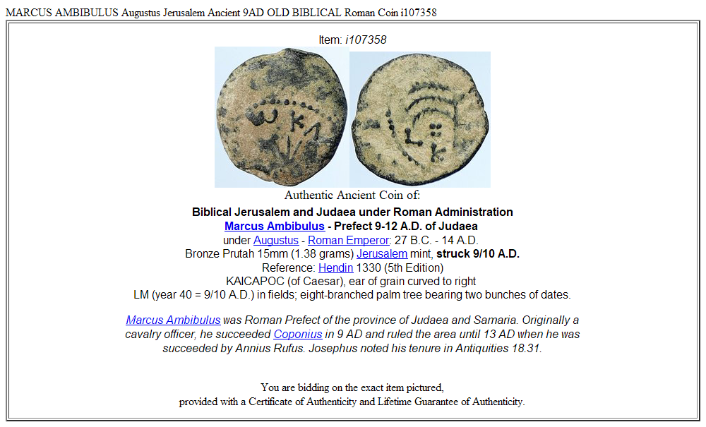 MARCUS AMBIBULUS Augustus Jerusalem Ancient 9AD OLD BIBLICAL Roman Coin i107358