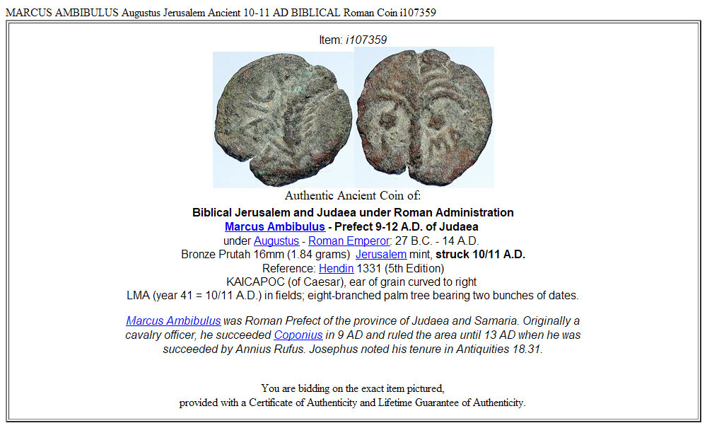 MARCUS AMBIBULUS Augustus Jerusalem Ancient 10-11 AD BIBLICAL Roman Coin i107359