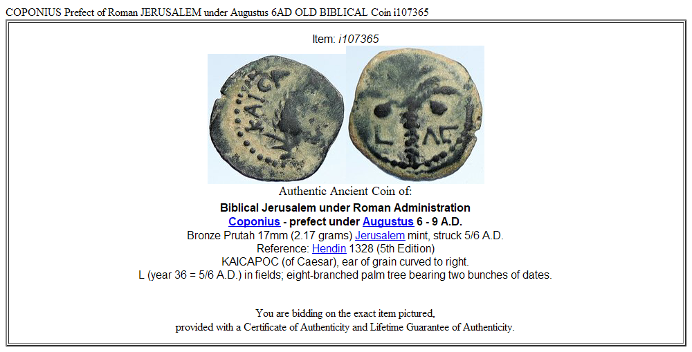 COPONIUS Prefect of Roman JERUSALEM under Augustus 6AD OLD BIBLICAL Coin i107365