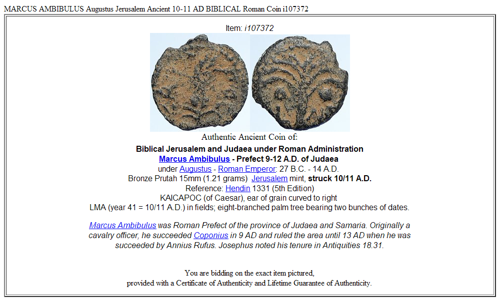 MARCUS AMBIBULUS Augustus Jerusalem Ancient 10-11 AD BIBLICAL Roman Coin i107372
