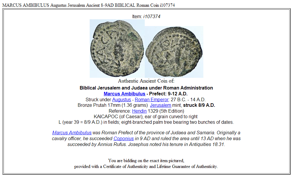 MARCUS AMBIBULUS Augustus Jerusalem Ancient 8-9AD BIBLICAL Roman Coin i107374