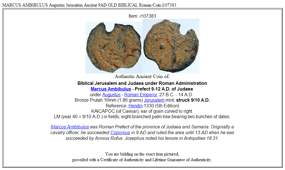 MARCUS AMBIBULUS Augustus Jerusalem Ancient 9AD OLD BIBLICAL Roman Coin i107383