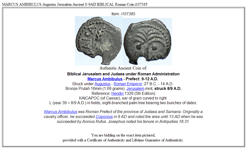 MARCUS AMBIBULUS Augustus Jerusalem Ancient 8-9AD BIBLICAL Roman Coin i107385