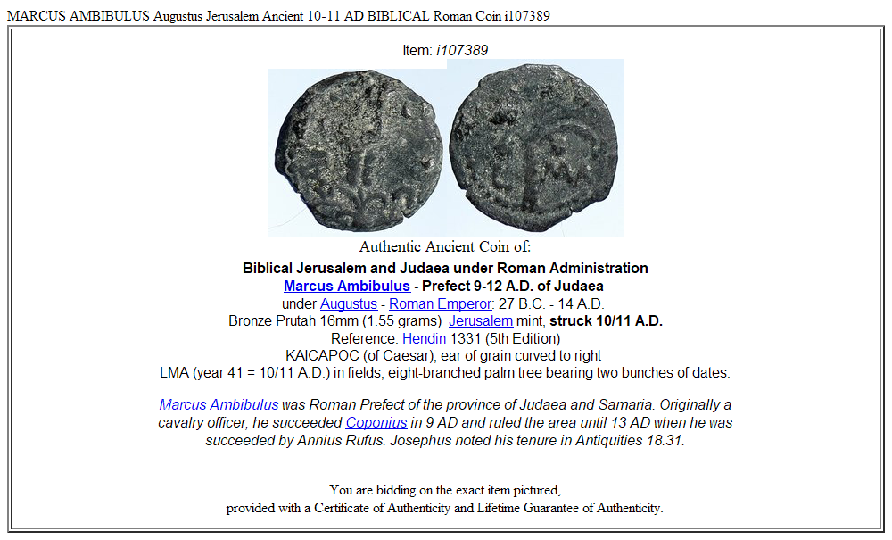 MARCUS AMBIBULUS Augustus Jerusalem Ancient 10-11 AD BIBLICAL Roman Coin i107389
