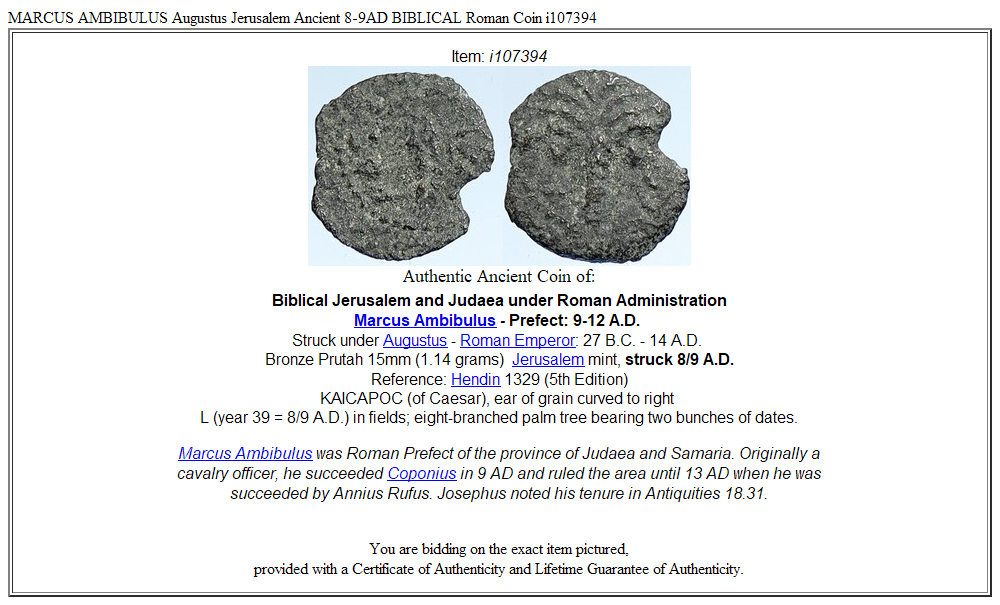 MARCUS AMBIBULUS Augustus Jerusalem Ancient 8-9AD BIBLICAL Roman Coin i107394